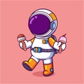 The happy astronaut is having two ice creams on his hand and being so childhood