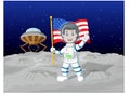 Happy Astronaut Landing On Moon Holding US American Flag Cartoon