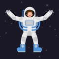 Happy astronaut in outer space. Good cheerful spaceman. Space su