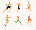 Happy Athlete People Characters Running Marathon. Man and Woman Runners. Individual Sports, Fitness Jogging