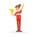 Happy athletes girl in red sports uniform holding winner cup, kid celebrating her victory cartoon vector Illustration Royalty Free Stock Photo