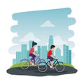 happy athletic couple ride bike on the park Royalty Free Stock Photo