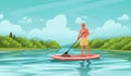 Happy athletic man holds a paddle in his hands and stands on a sup board. Summer active rest on the sea or river