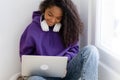 Happy attractive african american girl working office work remotely from home Black woman using laptop computer Distance Royalty Free Stock Photo