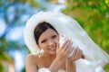 happy attractive bride with white dove un the hands Royalty Free Stock Photo