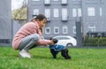 Happy attractive girl sitting on the lawn and playing with a little black dog. Cute lady on a peg with a puppy breed toy poodle, Royalty Free Stock Photo