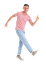 Happy attractive man dancing on white Royalty Free Stock Photo