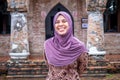 Happy attractive muslim woman travel in Pattani province, Thailand