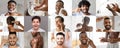 Happy attractive young different men shave, take a shower, brush hair, apply cream on skin Royalty Free Stock Photo