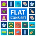Happy and attribute flat icons in set collection for design. Happy and accessories vector symbol stock web illustration. Royalty Free Stock Photo