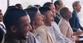 Happy audience, conference and laughing business people at a seminar, workshop or training. Diversity men and women Royalty Free Stock Photo