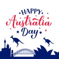 Happy Australia day calligraphy hand lettering. Sidney city skyline and silhouette of a kangaroos. Vector template for banner,