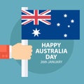 Happy Australia Day greeting card with male hand holding australian flag.