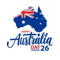 Happy Australia Day, january 26 celebrate card with hand lettering and brush stroke map of Australia and australian flag. Royalty Free Stock Photo