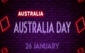 Happy Australia Day of Australia, 26 January. World National Days Neon Text Effect on bricks background