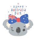 Happy Australia day koala face with flag bow. Adroable animal celebrate Australian Nation day cartoon hand drawing Royalty Free Stock Photo