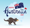 Happy Australia Day lettering. Greeting card with cartoon Tasmanian devil. Flag of Australia.