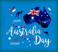Happy Australia day lettering. Map of Australia with flag on a blue blots hand drawn background. Vector illustration Royalty Free Stock Photo