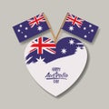 Happy australia day poster with australian flag on heart and cross australian flags in light background Royalty Free Stock Photo