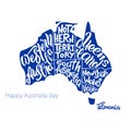 Happy Australia day. Silhouette of the map of Australia with hand-written names of states