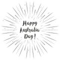 Happy Australia Day text with sun rays linear background. Vector card design with custom calligraphy