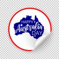 Happy Australia republic day text on map of Australia with stars round realistic sticker with curled edge. Vector