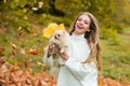 Happy Autumn. Woman having fun with little dog in fall park outdoors. Emotional support.