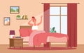 Happy awakening in morning, lifestyle daily routine, girl sitting in bed in home bedroom