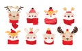 Happy baby animals for Christmas or New year. Smiling faces deer, elk, fox, hare, bear, cat, dog, penguin. Collection