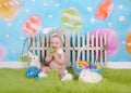 Happy baby boy with easter headband in easter scene Royalty Free Stock Photo