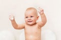 Happy baby boy eating birthday cake. Cake smash Royalty Free Stock Photo