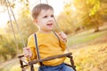 Happy baby boy having fun on a swing ride at a garden a autumn day Royalty Free Stock Photo