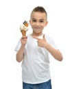 Happy Baby boy holding vanilla ice cream dondurma in waffles con Royalty Free Stock Photo