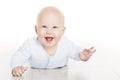 Happy Baby Boy, Infant Kid Lying on White Floor, Child on White