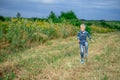 Happy baby boy running across the field in summer, a child`s lifestyle Royalty Free Stock Photo