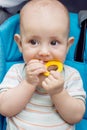 Happy baby boy sitting in a blue stroller Royalty Free Stock Photo