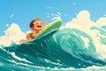 Happy baby Boy surfer cool summer. Boy ride surfboard on big wave. funny child illustration. Tropical sea surf sport Royalty Free Stock Photo