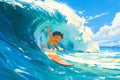 Happy baby Boy surfer cool summer. Boy ride surfboard on big wave. funny child illustration. Tropical sea surf sport Royalty Free Stock Photo
