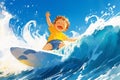 Happy baby Boy surfer cool summer. Boy ride surfboard on big wave. funny child illustration. Tropical sea surf sport Royalty Free Stock Photo