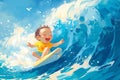 Happy baby Boy surfer cool summer. Boy ride surfboard on big wave. funny child illustration. Tropical sea surf sport Royalty Free Stock Photo