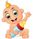 Happy baby cartoon holding milk bottle