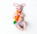 Happy baby child in costume a rabbit bunny with carrot on a whit Royalty Free Stock Photo