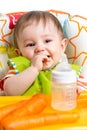 Happy baby drinking from bottle Royalty Free Stock Photo