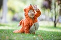 Happy baby girl dressed in fox costume crawling on lawn in park Royalty Free Stock Photo