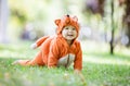 Happy baby girl dressed in fox costume Royalty Free Stock Photo