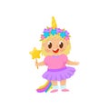 Happy baby girl in pink unicorn costume with magic wand vector Illustration on a white background Royalty Free Stock Photo