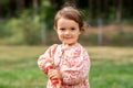 happy baby girl with soap bubble blower in summer Royalty Free Stock Photo