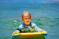 Little child swimming with bodyboard on the sea waves Royalty Free Stock Photo