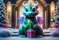 Happy baby green dragon is holding Christmas present. Generative AI