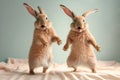 happy baby hares in terry bathrobe playing on bed, created with Generative AI technology